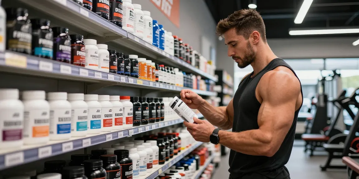 Driada Medical Shop featuring a focused shopper examining quality anabolic steroids and wellness products in a modern fitness supplement store.