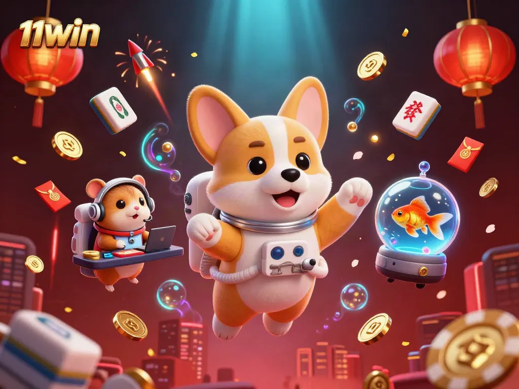 Experience excitement at 11WIN as a floating corgi navigates a vibrant casino atmosphere filled with interactive gaming elements.