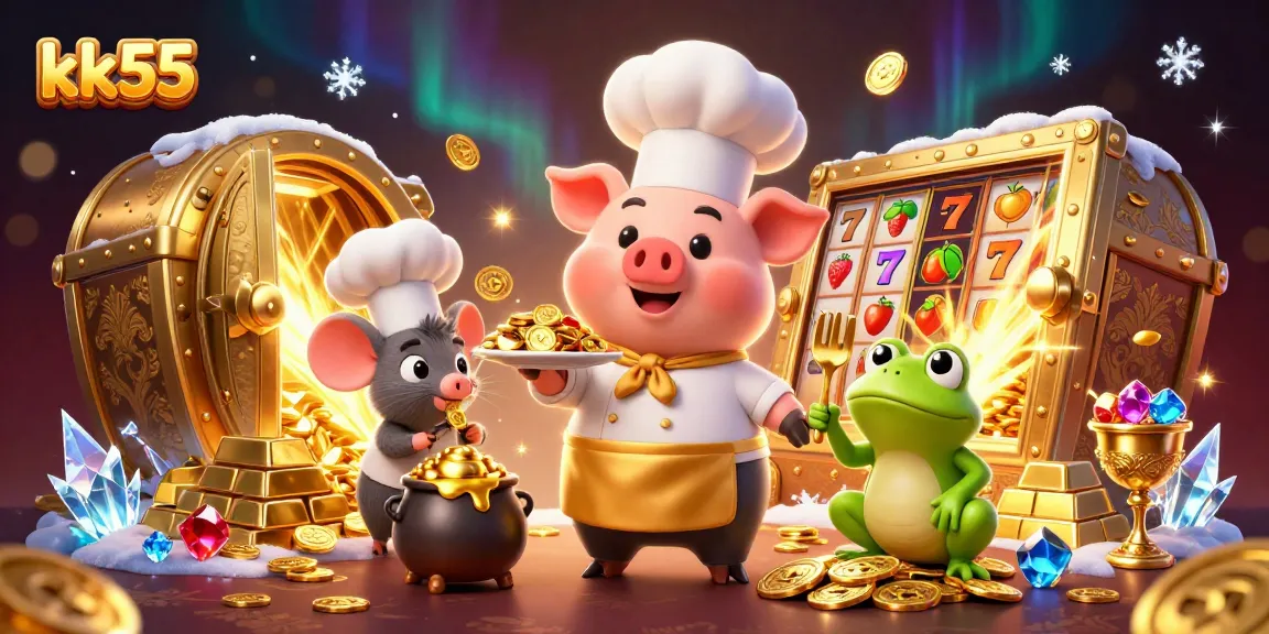 kk55 chef pig serving gold coins among slot elements and a vibrant jackpot setting.