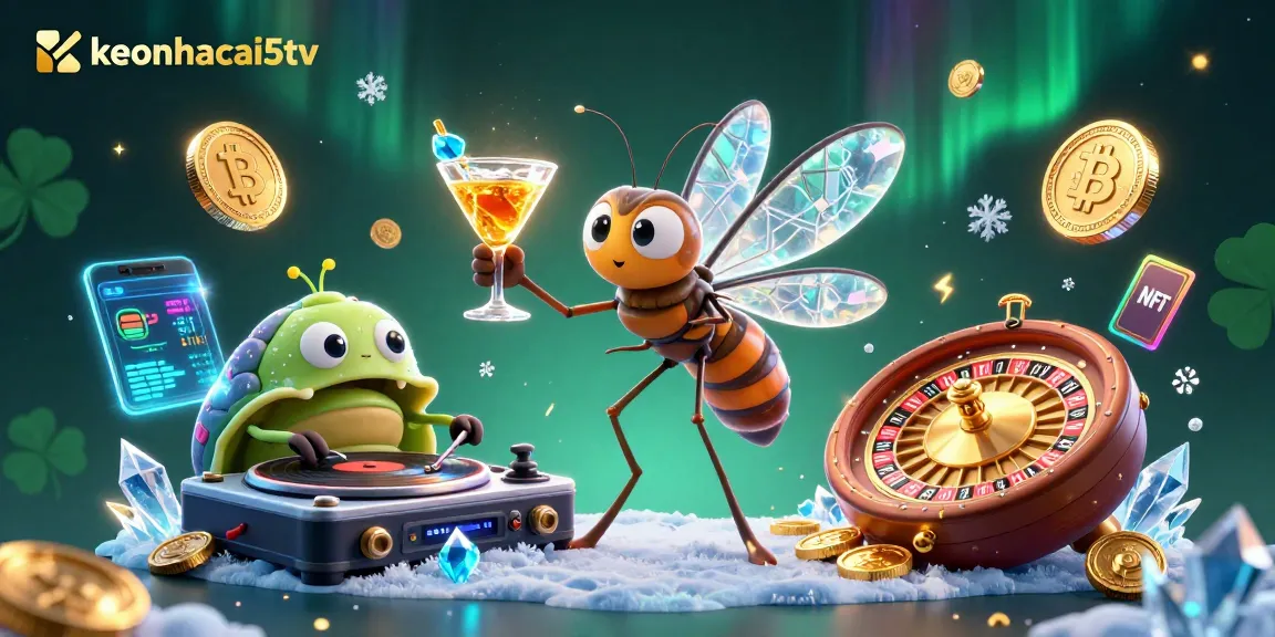 Spin to win with keonhacai5tv's vibrant 3D casino scene featuring an animated mosquito and trilobite DJ.