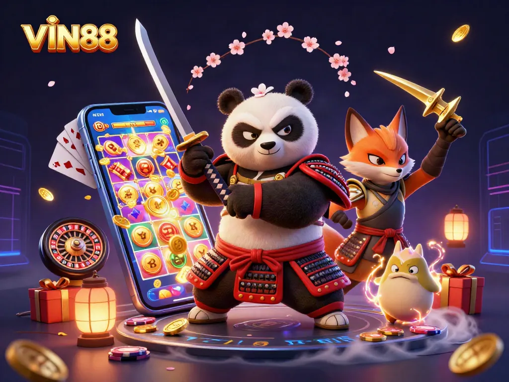 Experience thrilling gaming at VIN88 with a fierce samurai panda and exciting gambling elements.