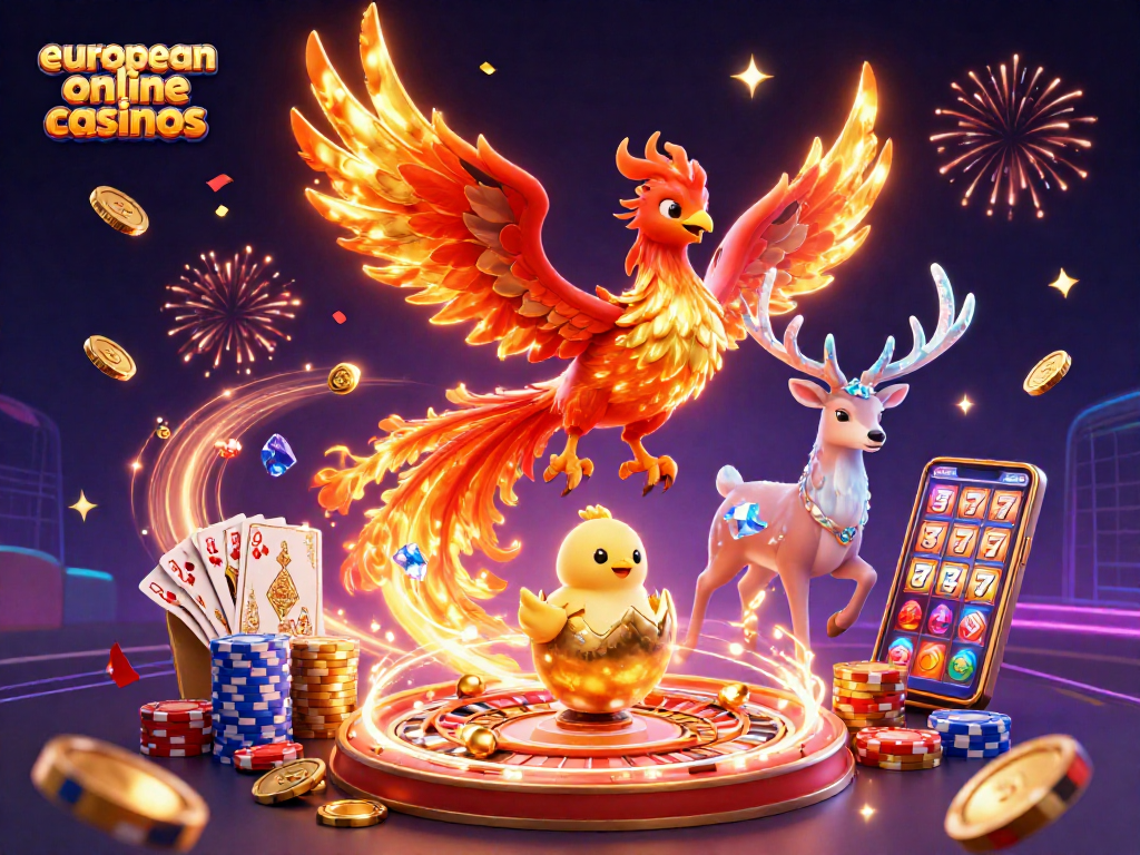 Experience thrilling gameplay at european online casinos with a vibrant phoenix scene filled with casino elements.