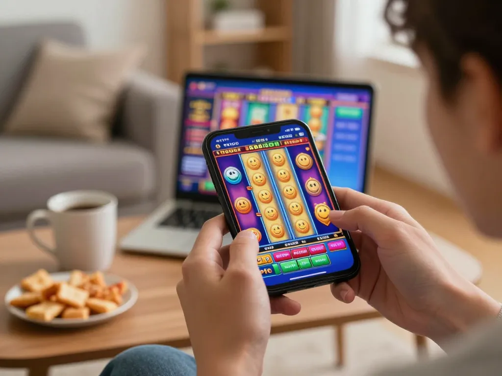 Engaging in GTAtogel slots gameplay on smartphone in a cozy living room setting