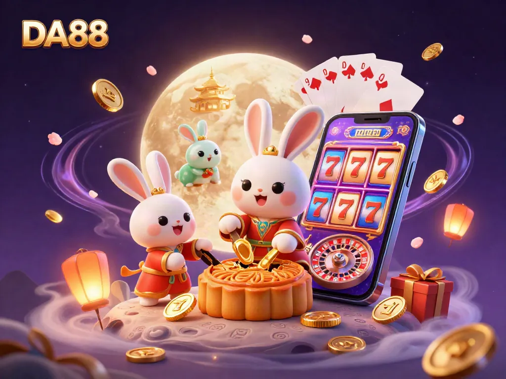 Experience the thrill of DA88 with a colorful scene of a moon rabbit and a jade rabbit surrounded by casino elements.