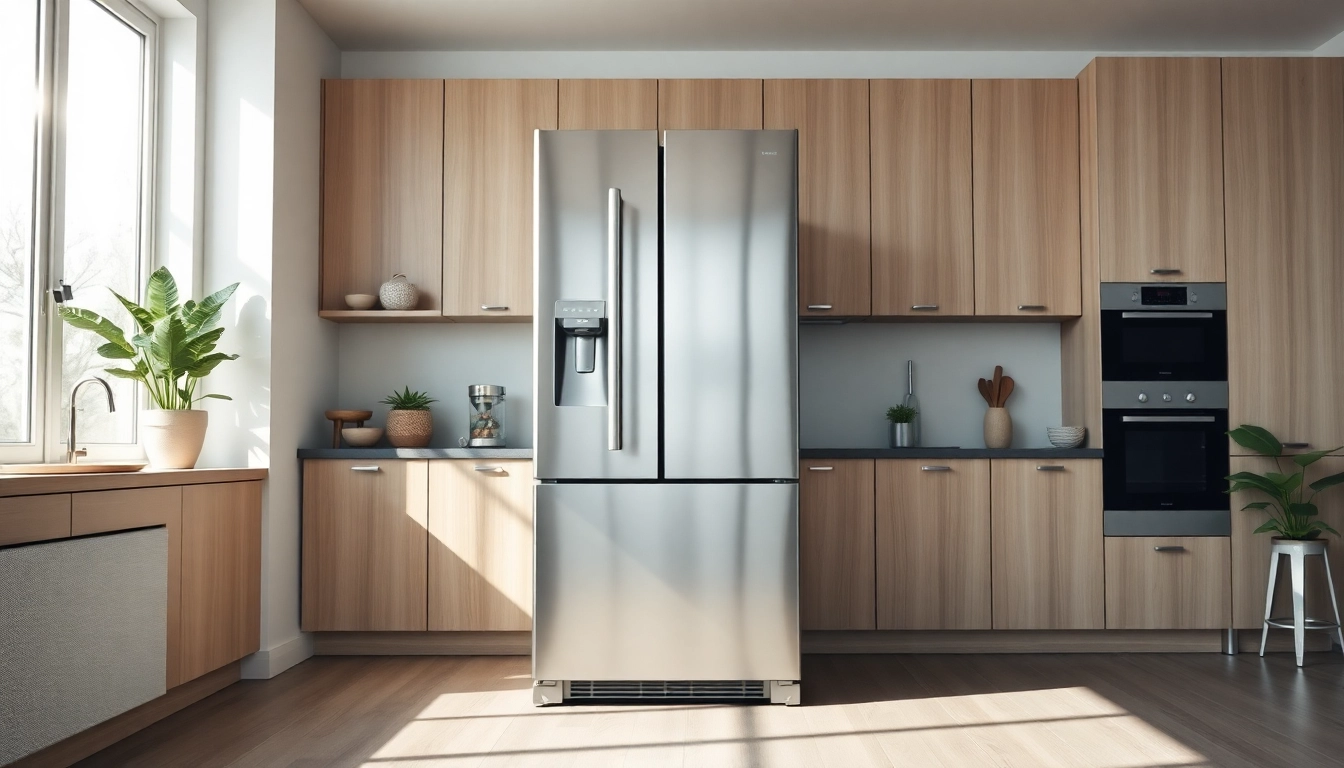 Showcasing a modern refrigerator in a bright kitchen with sleek design details.