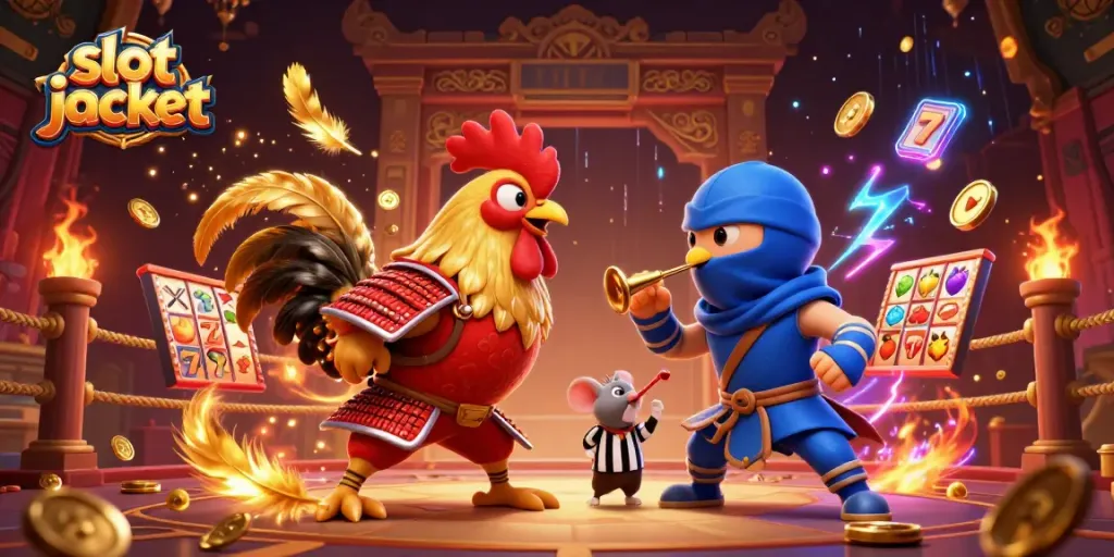 Experience slot jackpot excitement with battling cartoon roosters in vibrant casino illustration.