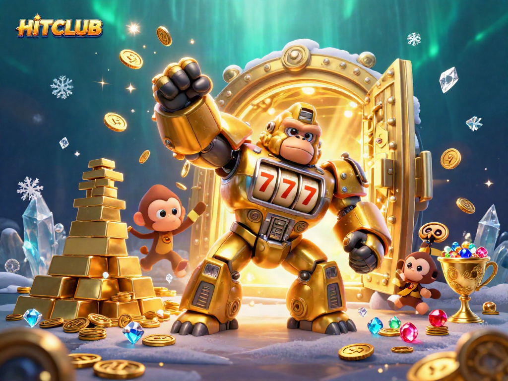 Experience thrilling wins at HITCLUB with dynamic symbols featuring golden gorilla mechs and exploding coins.