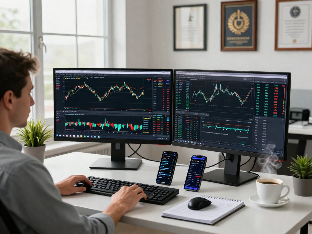 使用MetaTrader 5进行多资产交易的金融交易员在现代办公环境中分析市场数据