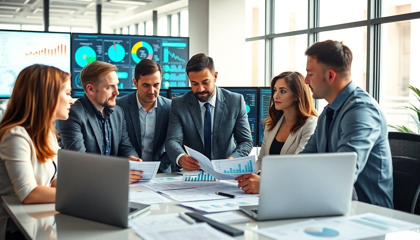 Analyzing competitive intelligence trends with team collaboration in a modern office.