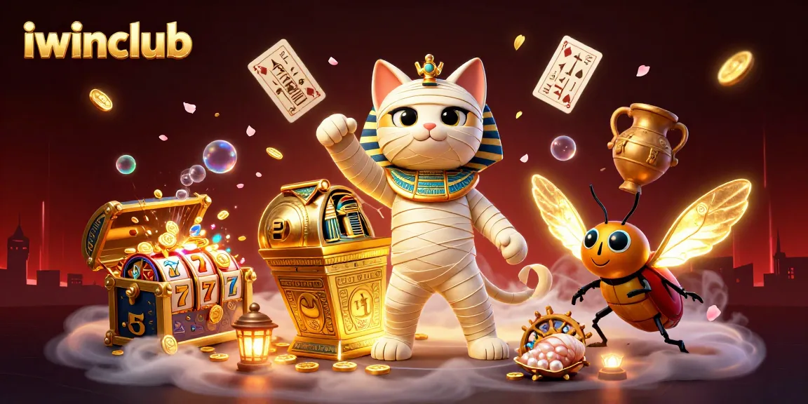 Experience the excitement of iwinclub with a dynamic casino scene featuring a mummy cat and glowing treasures.