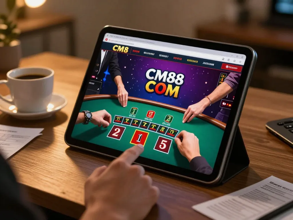 Playing live dealer blackjack on CM88 COM, showcasing dynamic betting action on a tablet in a cozy setting.