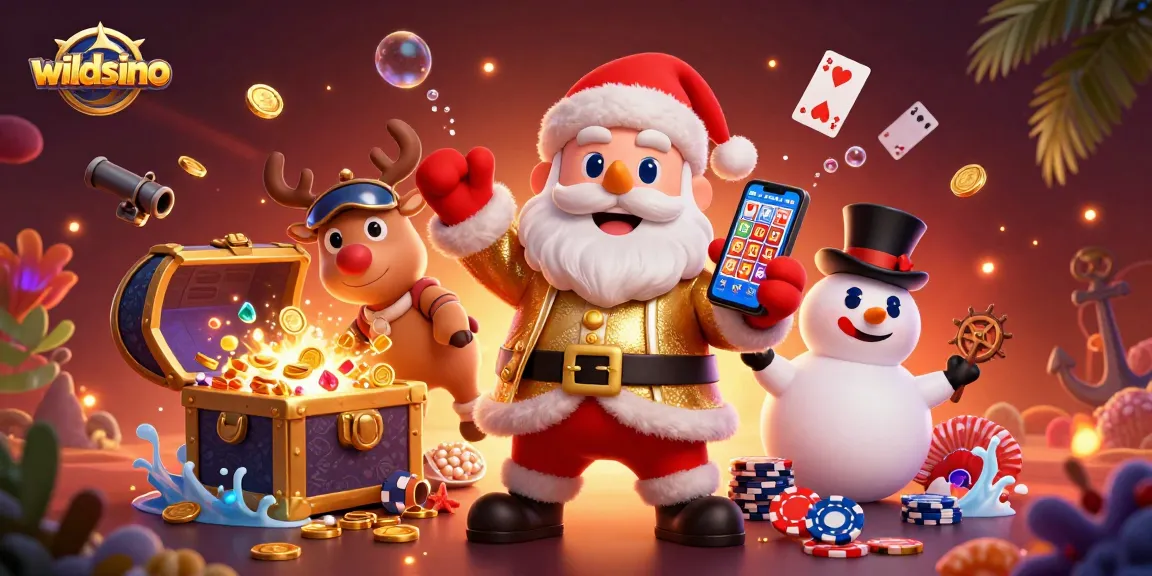 Jugando en Wildsino, Santa Claus y amigos disfrutan de tragamonedas en un casino virtual lleno de tesoros.
