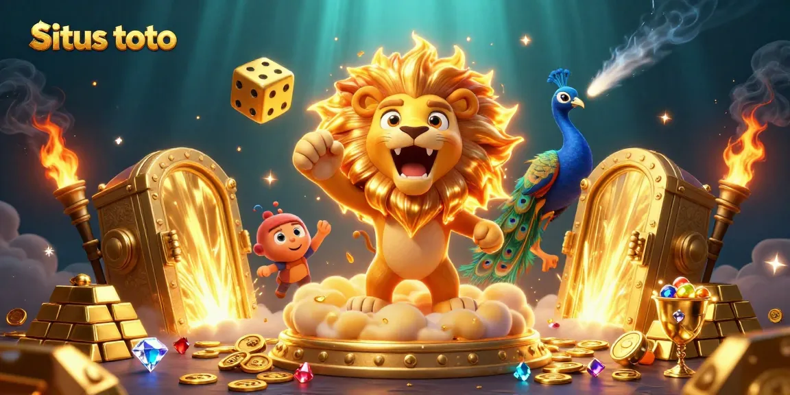 Engage in exciting gameplay at situs toto with vibrant casino elements and a roaring lion.
