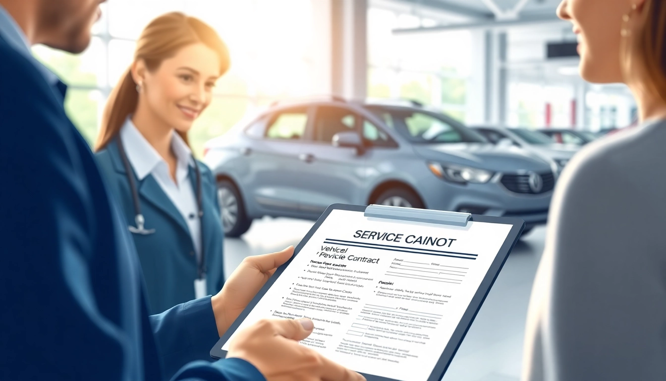 Engaging vehicle service contract scene in a car dealership illustrating customer consultation.