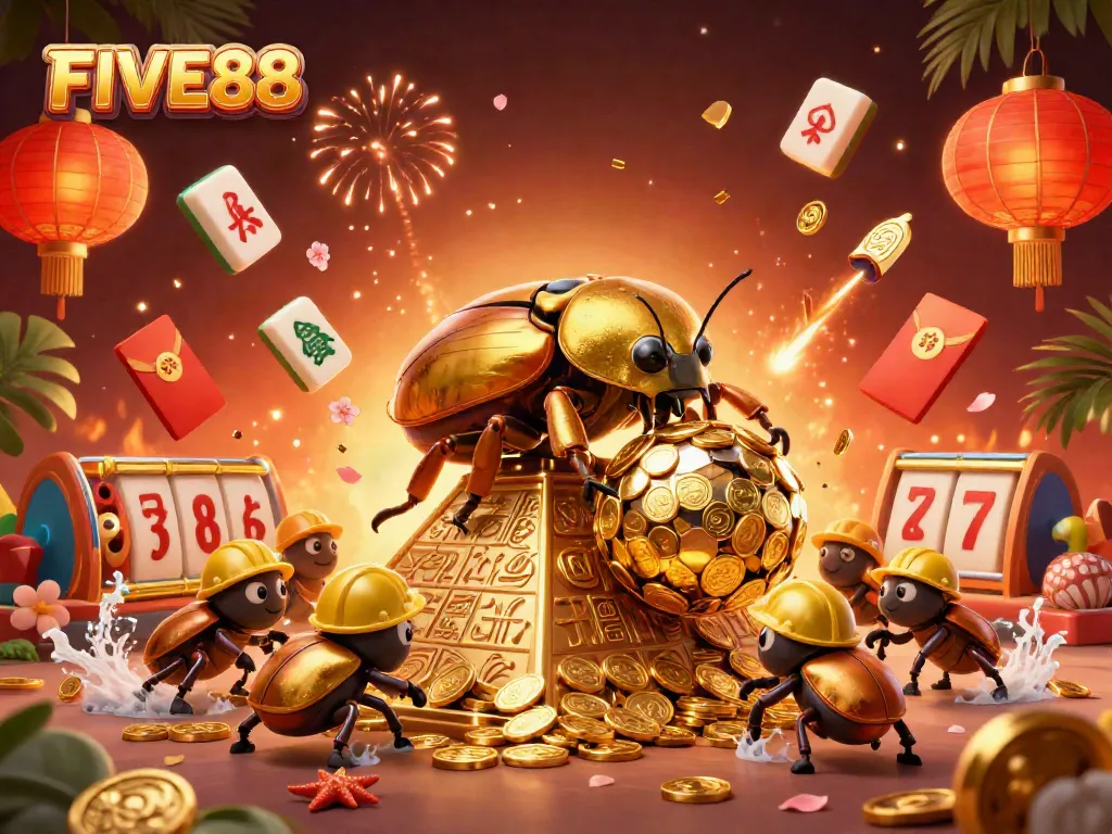 Immerse in the excitement of FIVE88 with vibrant 3D illustration showcasing a golden beetle rolling coins, ideal for online gaming enthusiasts.
