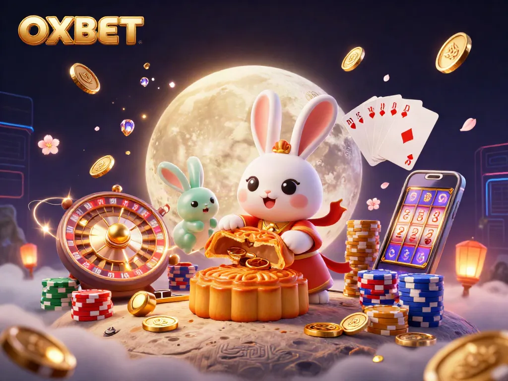 Play and explore thrilling games at OXBET with vibrant visuals of moon rabbits and casino elements.
