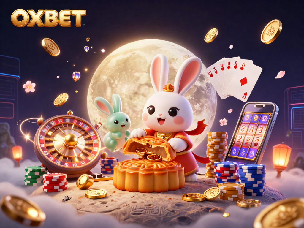 Play and explore thrilling games at OXBET with vibrant visuals of moon rabbits and casino elements.