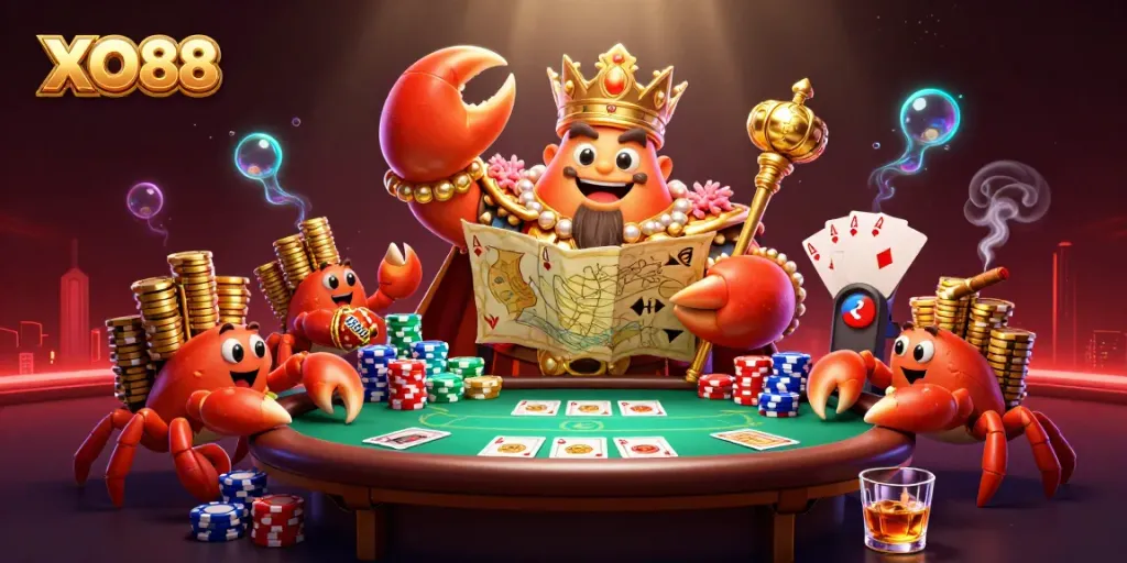 Experience thrilling gameplay with XO88's massive golden crab emperor amidst vibrant casino elements.