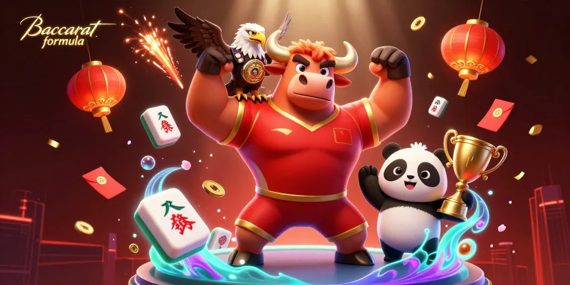 Baccarat formula winning illustration showcases a muscular bull mascot, eagle, and panda in a vibrant casino scene.