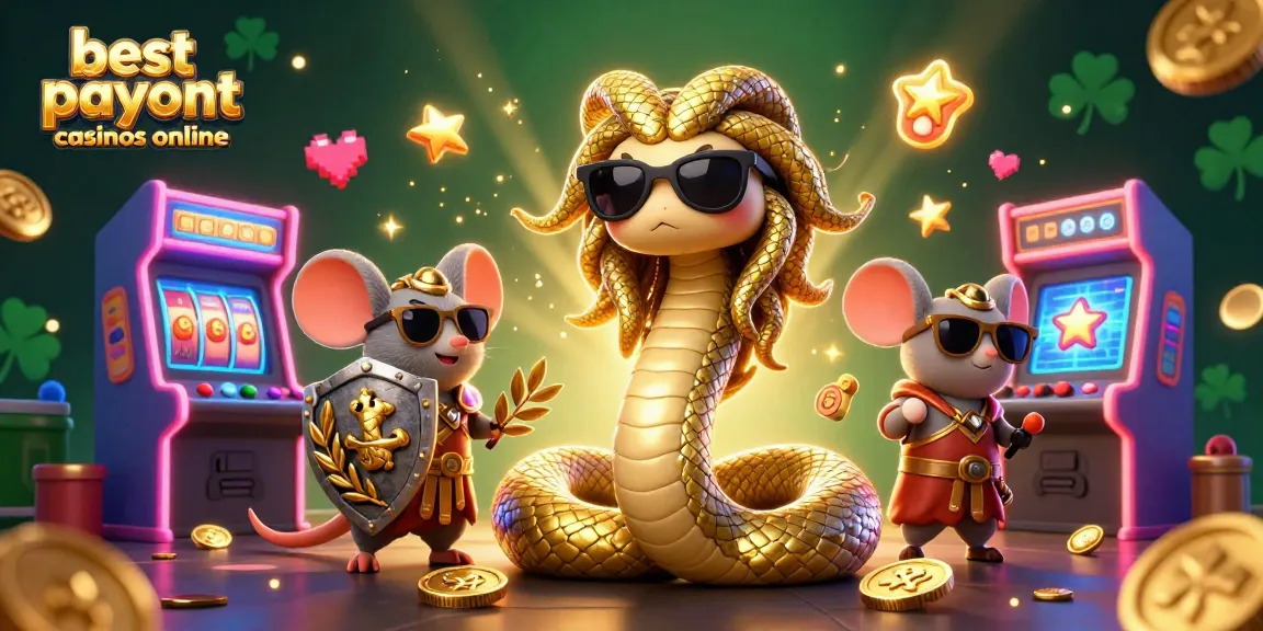 Join Medusa and a warrior mouse in a vibrant scene celebrating the best payout casinos online.
