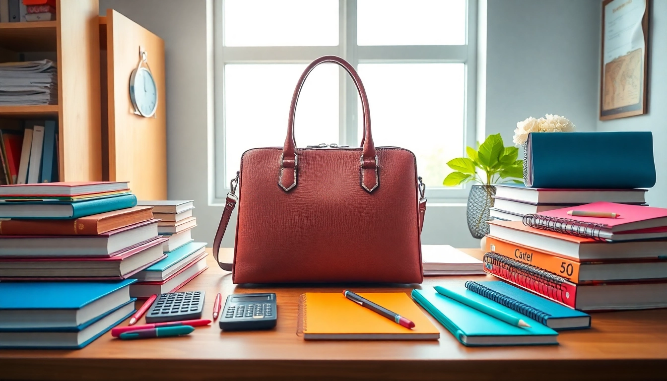 Stylish Handtasche für Schulen with school supplies on a desk, emphasizing functionality.