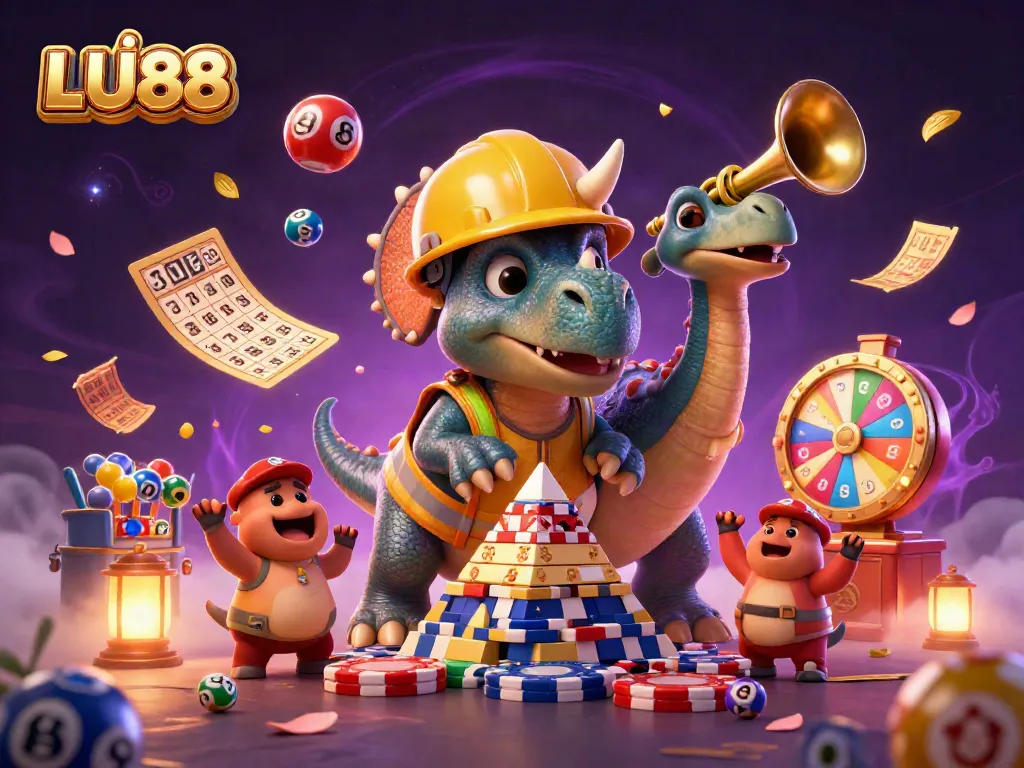LU88 casino game celebration with a triceratops, lottery effects, and vibrant elements.