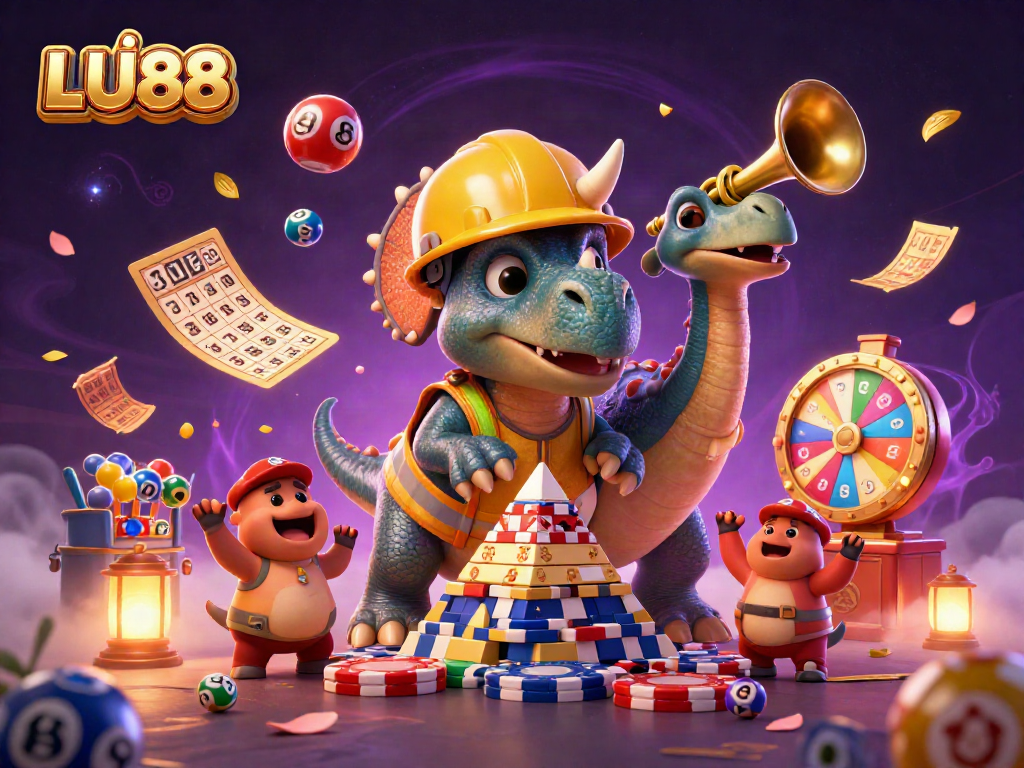 LU88 casino game celebration with a triceratops, lottery effects, and vibrant elements.