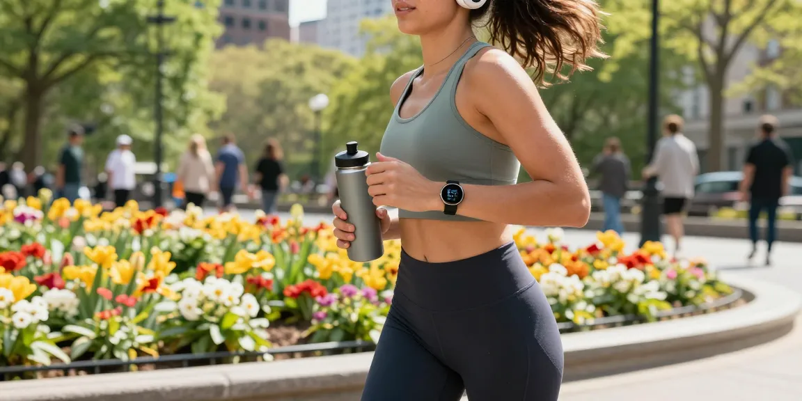 Wanita berlari di taman dengan jam tangan Fitbit Luxe, menunjukkan gaya hidup sehat menggunakan https://www.polarfitbitshop.com/fitbit-luxe/.