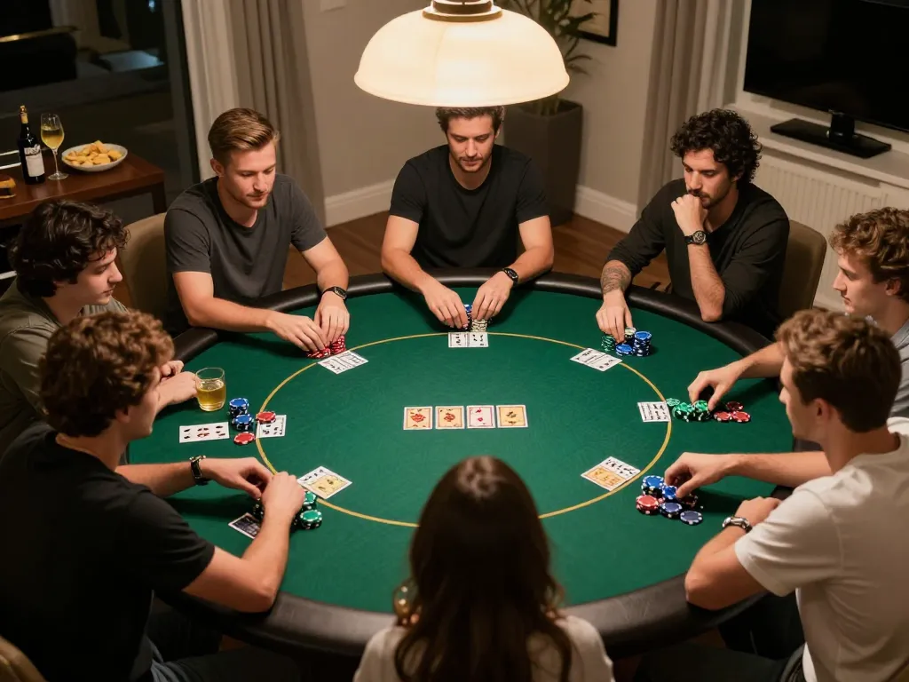 Engaging poker game at home highlighting SC88 COM with friends around round table.