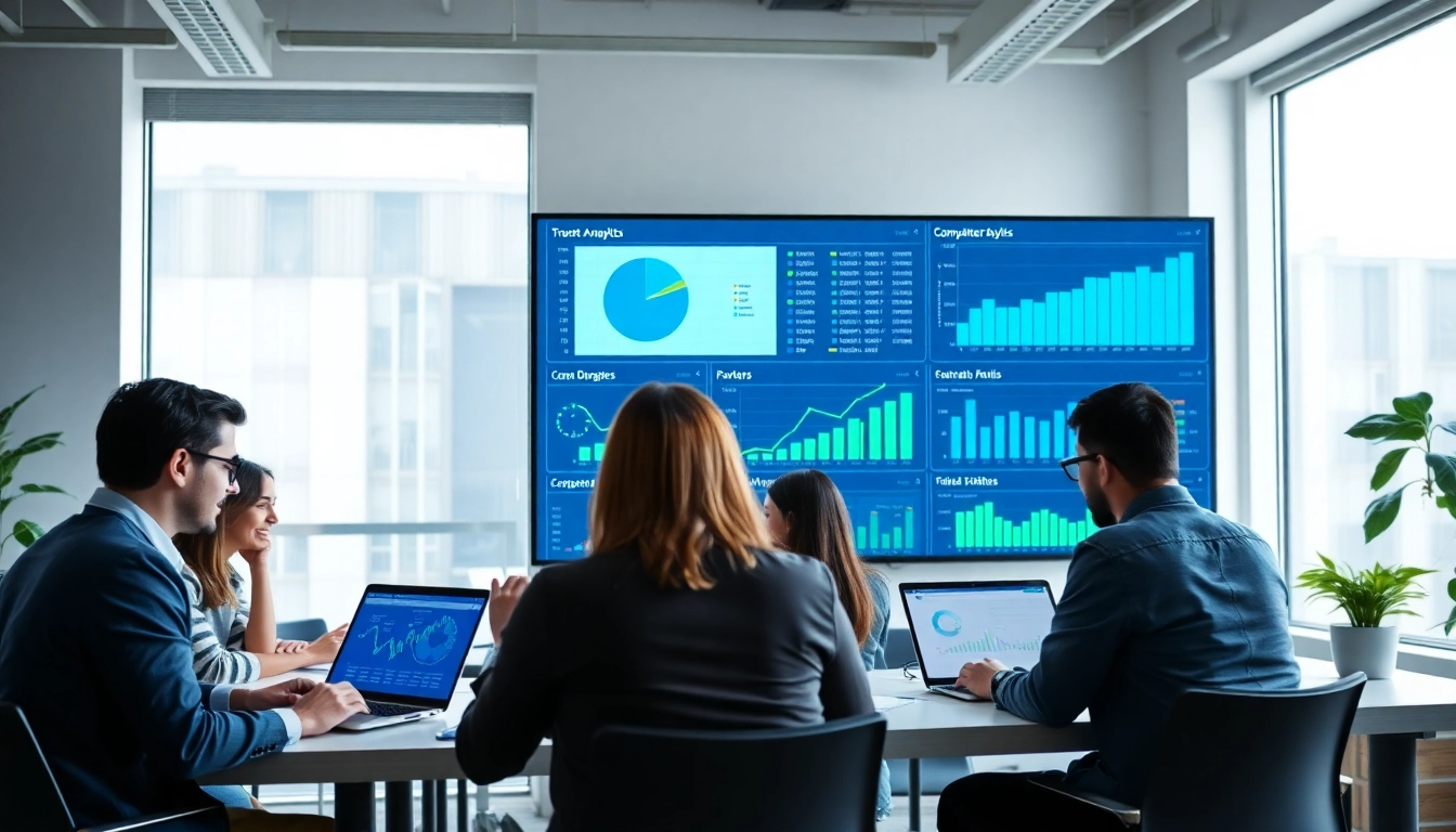 Visualize AI for competitor analysis in a collaborative workspace with data charts and diverse analysts.