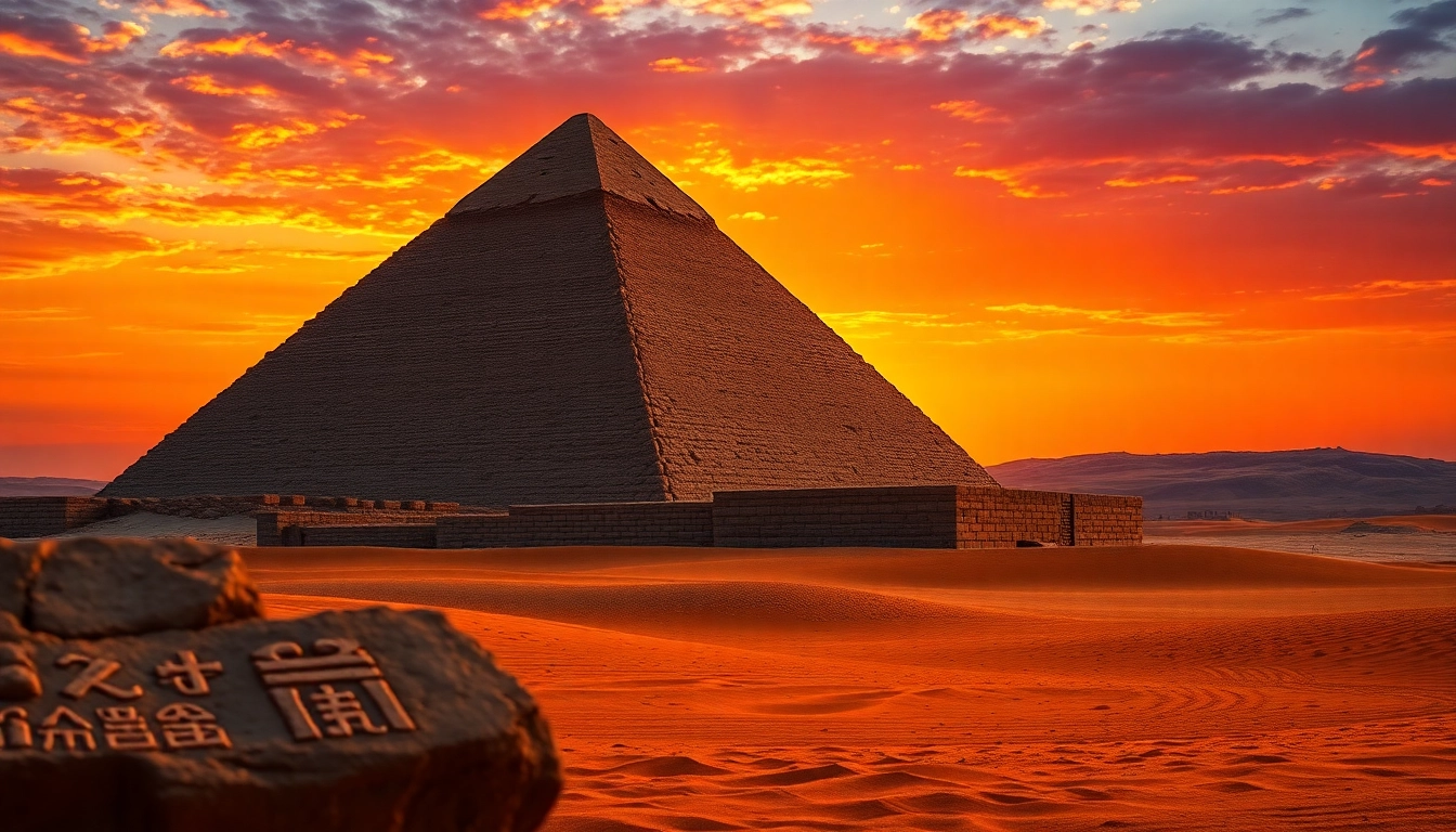 Explore piraminds through a stunning sunset view of the Great Pyramid of Giza.