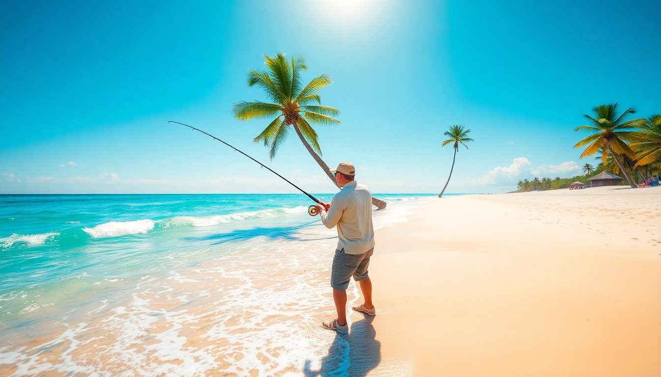 Fisherman casting during saltwater fly fishing at a tropical beach with vibrant colors.