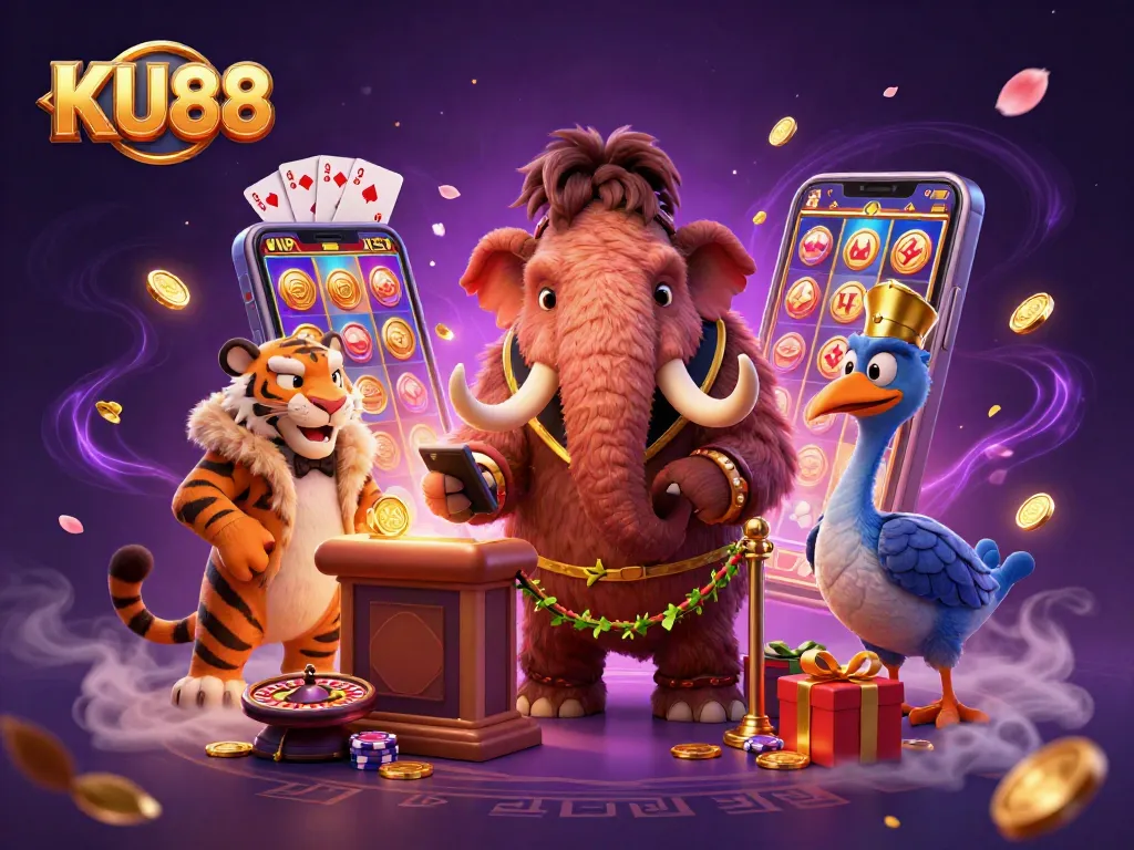 Join the excitement at KU88 with a cartoon mammoth bouncer and a saber-tooth tiger in a lively casino