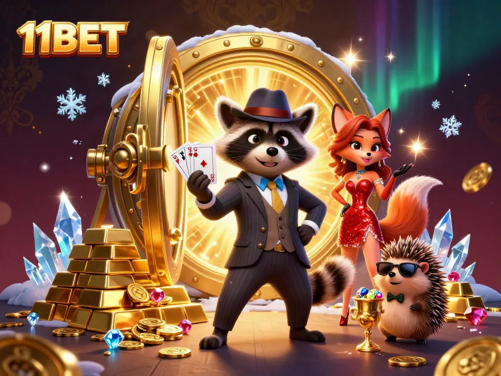 Win big at 11BET with charming characters and dazzling casino rewards in this vibrant illustration.