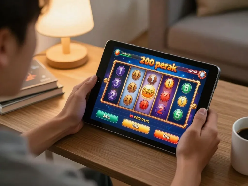 Engaged player in a cozy setting, using a tablet for slot bet 200 perak, showcasing exciting game action.