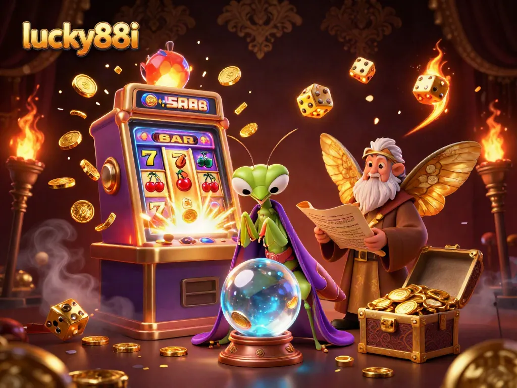 Experience the thrill of lucky88i with this vibrant illustration featuring a fortune teller and slot machine action.