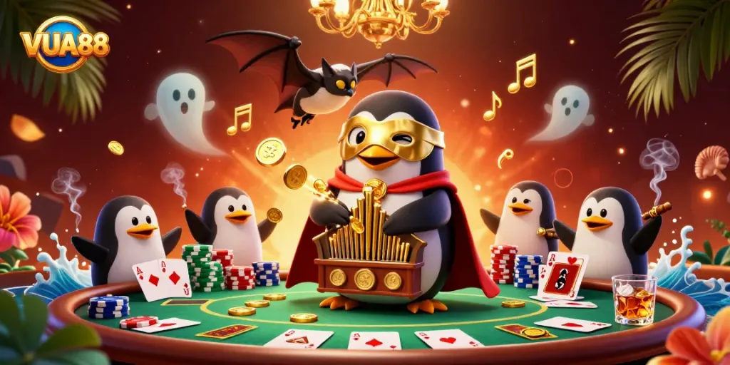 VUA88 showcases an exciting online casino scene featuring a penguin and a bat depicting thrilling gameplay.