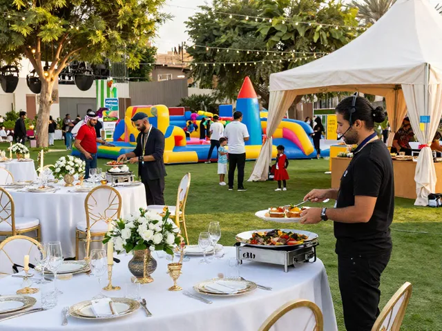 Elegant outdoor wedding setup showcasing Event rental ksa services with decorative tents and catering.