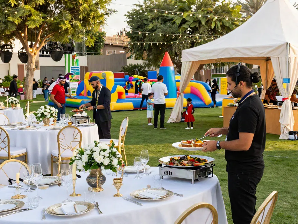 Elegant outdoor wedding setup showcasing Event rental ksa services with decorative tents and catering.