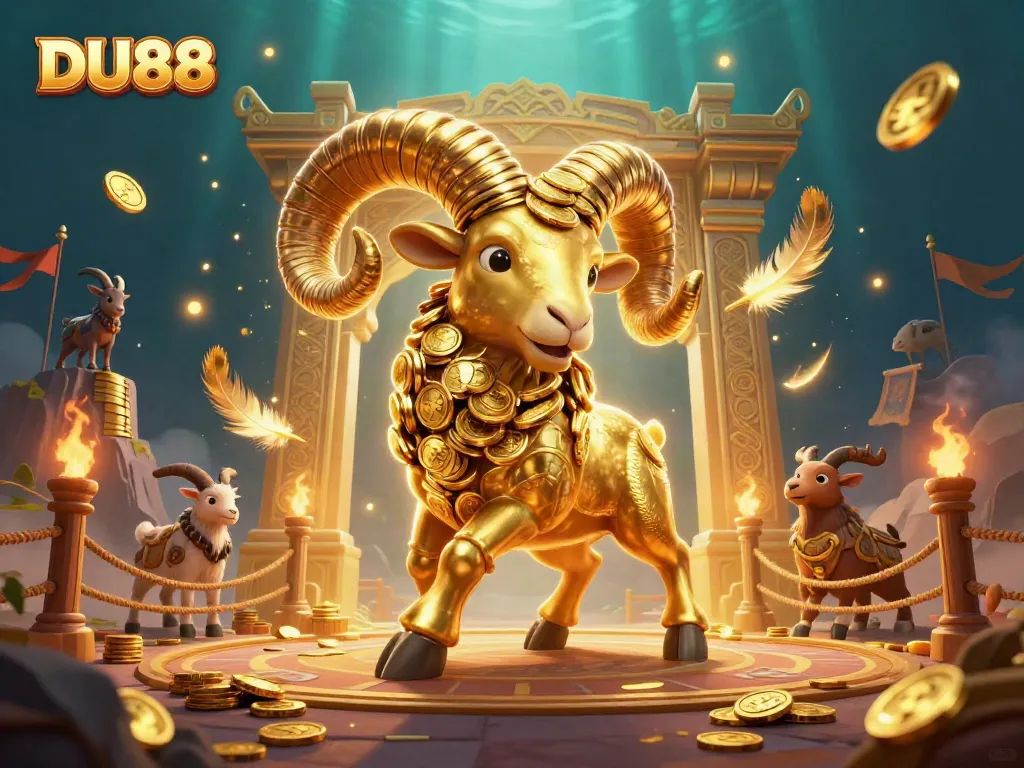 Engage with DU88's vibrant online casino experience, featuring a golden ram amidst dynamic game elements.