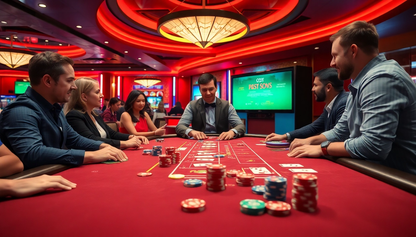 Daftar interwin di meja blackjack dengan dealer profesional dan pemain yang bersemangat.