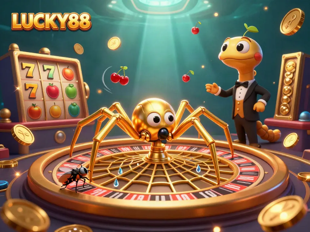 Join the fun at LUCKY88 with a vibrant 3D casino scene showcasing dynamic slot gaming action and golden rewards.