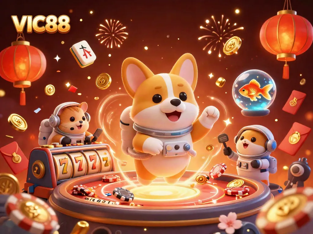 Engage with VIC88's thrilling casino experience as a 3D cartoon astronaut corgi enjoys the zero-gravity games in a vibrant space station setting.