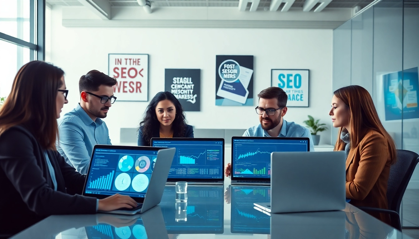 Analyze SEO performance metrics with a team in a modern office setup.