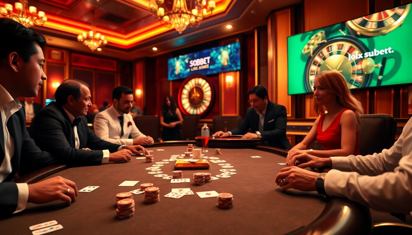 Sbobet link alternatif displayed on a digital screen in a vibrant casino with poker chips and cards.