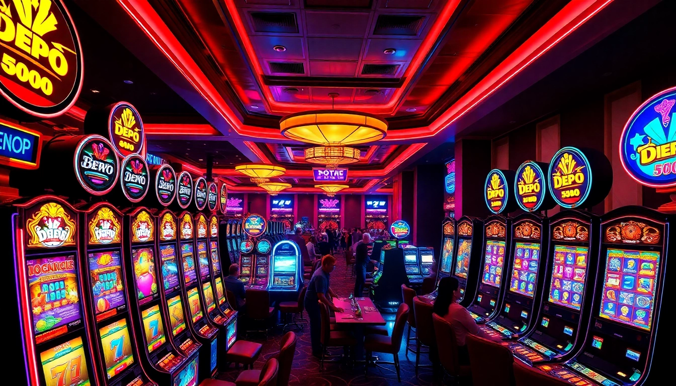 Bermain Slot Depo 5000 yang menarik di kasino modern dengan lampu neon dan mesin slot yang cemerlang.
