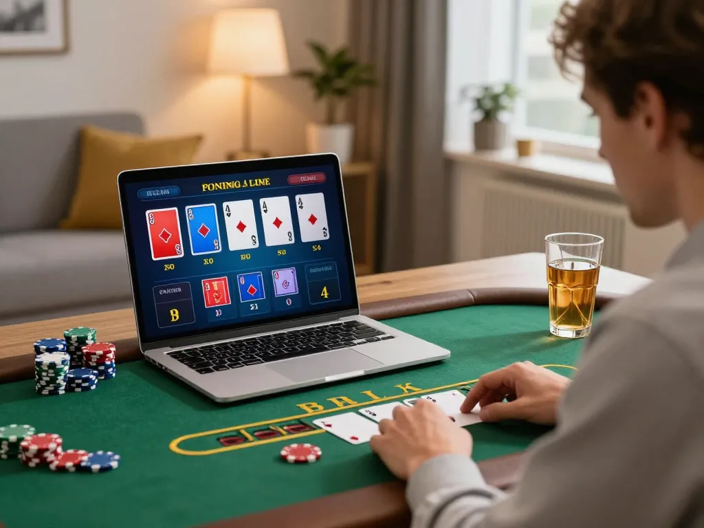 Playing blackjack on 789win in a cozy home setup highlighting responsible gaming practices