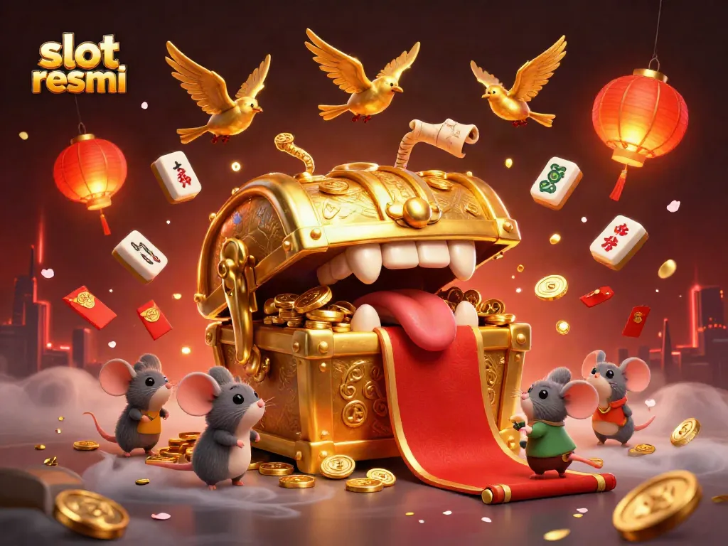 Engage with slot resmi through this vibrant 3D casino illustration showcasing treasures and gameplay elements.