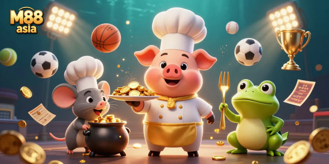 M88 asia showcases a vibrant gambling scene with a cartoon chef pig serving gold coins, sports balls flying, and a mouse chef tasting molten gold.