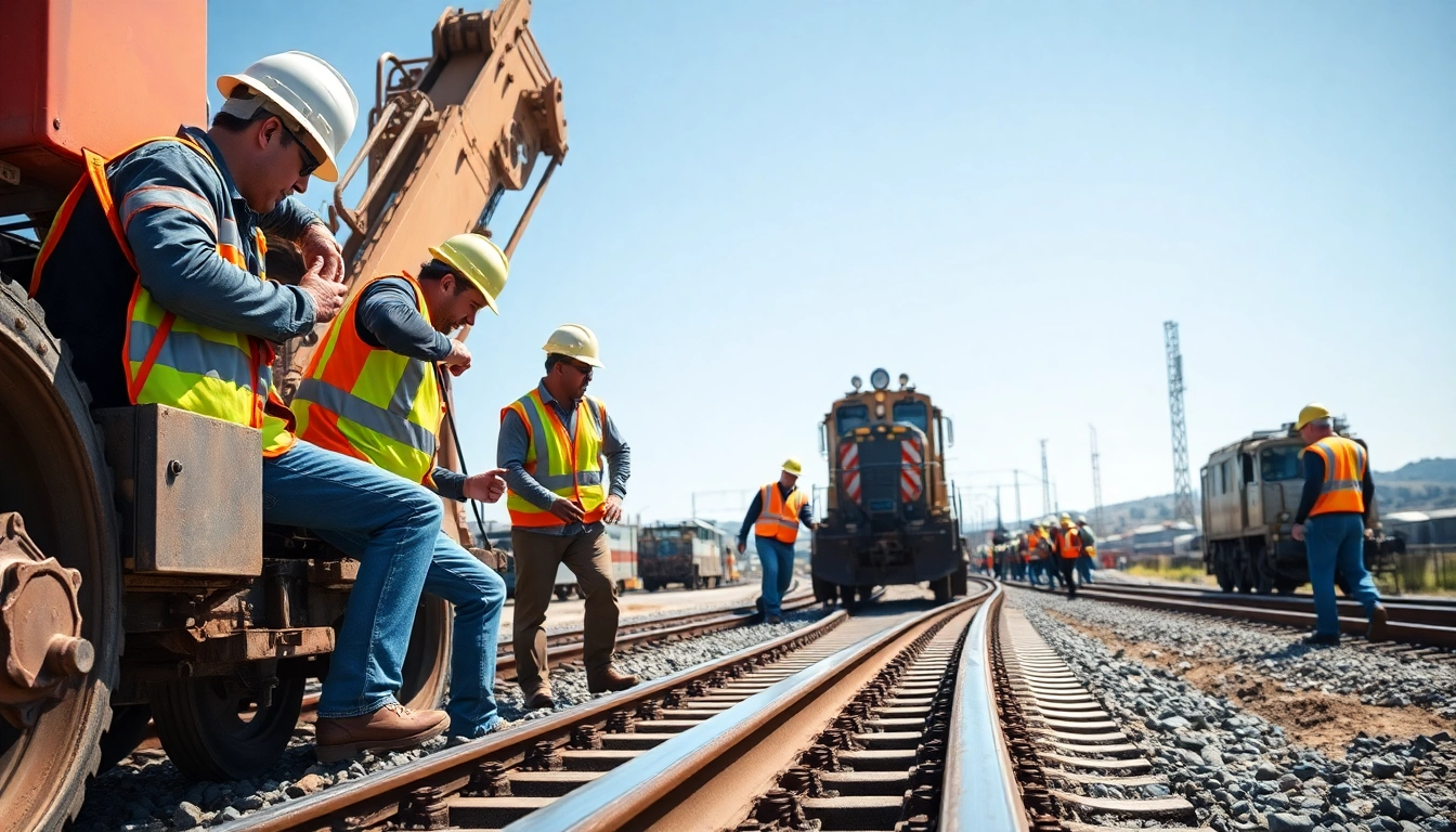 Railroad Contractors Near Me team installing tracks, showcasing safety and teamwork in construction.